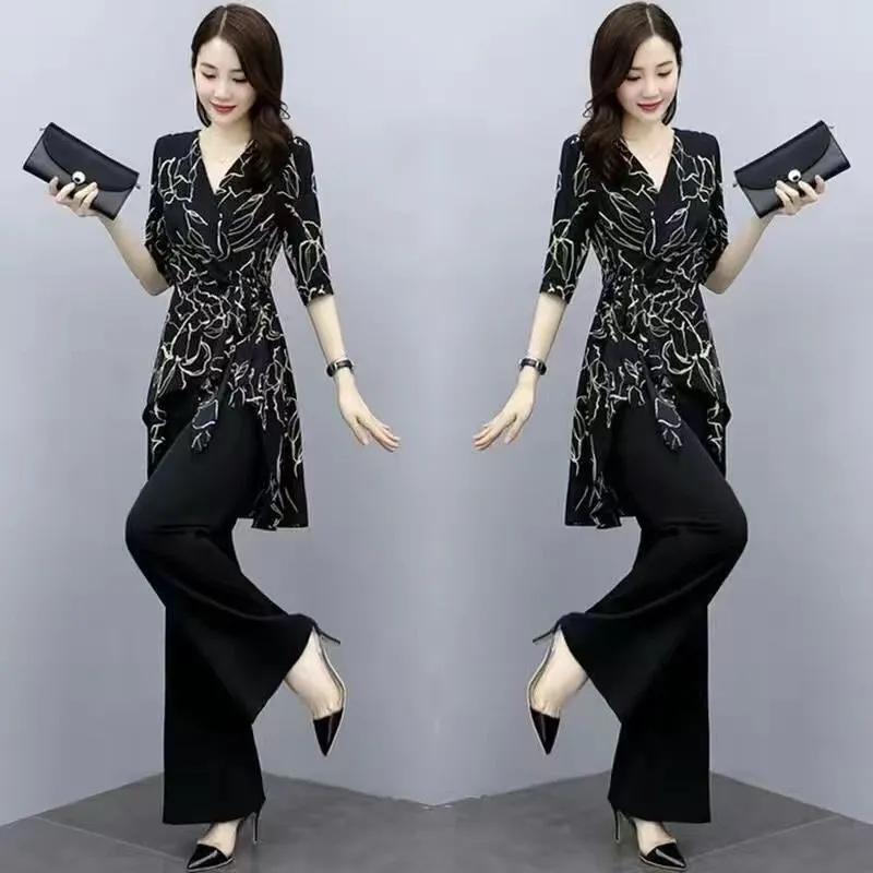 Women's Summer High-Waisted Drape Set: Mid-Sleeve Chiffon Blouse + Wide-Leg Pants—An Elegant Two-Piece Set