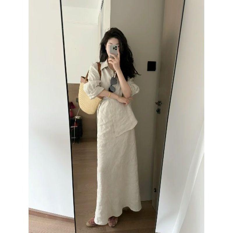 Kumikumi Fancy Suit Women's Minimalist Easiest for Match Loose Lapels Shirt Autumn High Waist Skirt Two-piece Set