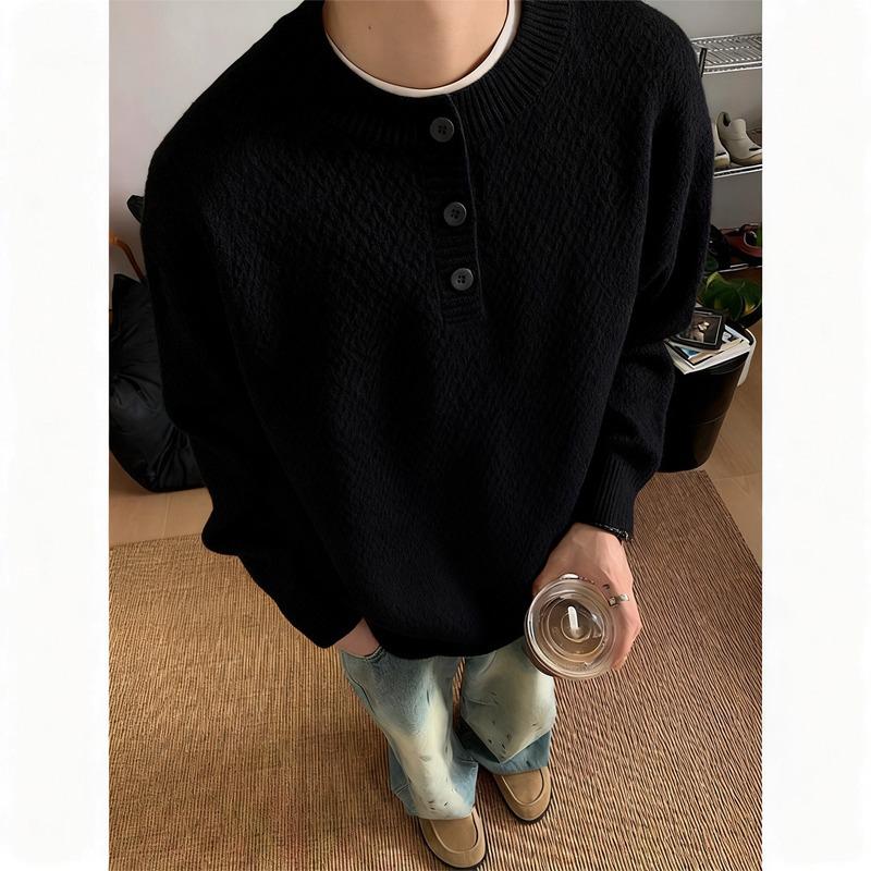 Мужской высококачественный серый свитер-henley - Американский стиль, Осень/Зима, Повседневный базовый трикотаж 3XL чёрный