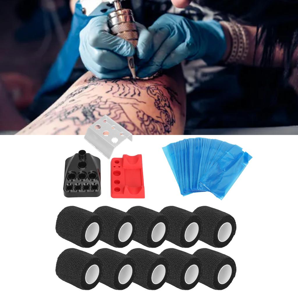 10pcs Tattoo Pen Elastic Bandage 200pcs Blue Tattoo Machine Pen Covers 3pcs Tattoo Ink Cup Holder Color Rack