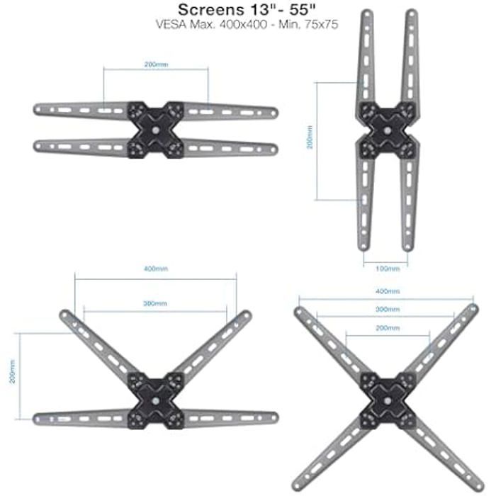 Support mural inclinable - tooq - lp1356tn-b - 13" à 55" - charge max 25 kg - rotation +90°/-90°