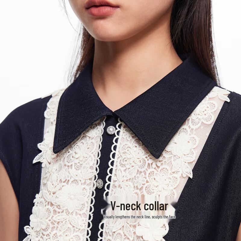 VEROMODA Women's A-Line Lace Lapel Collar Midi Dress