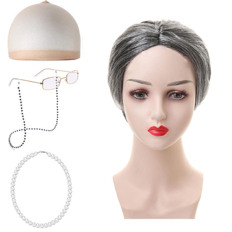 Set Parrucca Riccia da Nonna Corta Per Costume di Halloween Con Vari Colori alla Moda