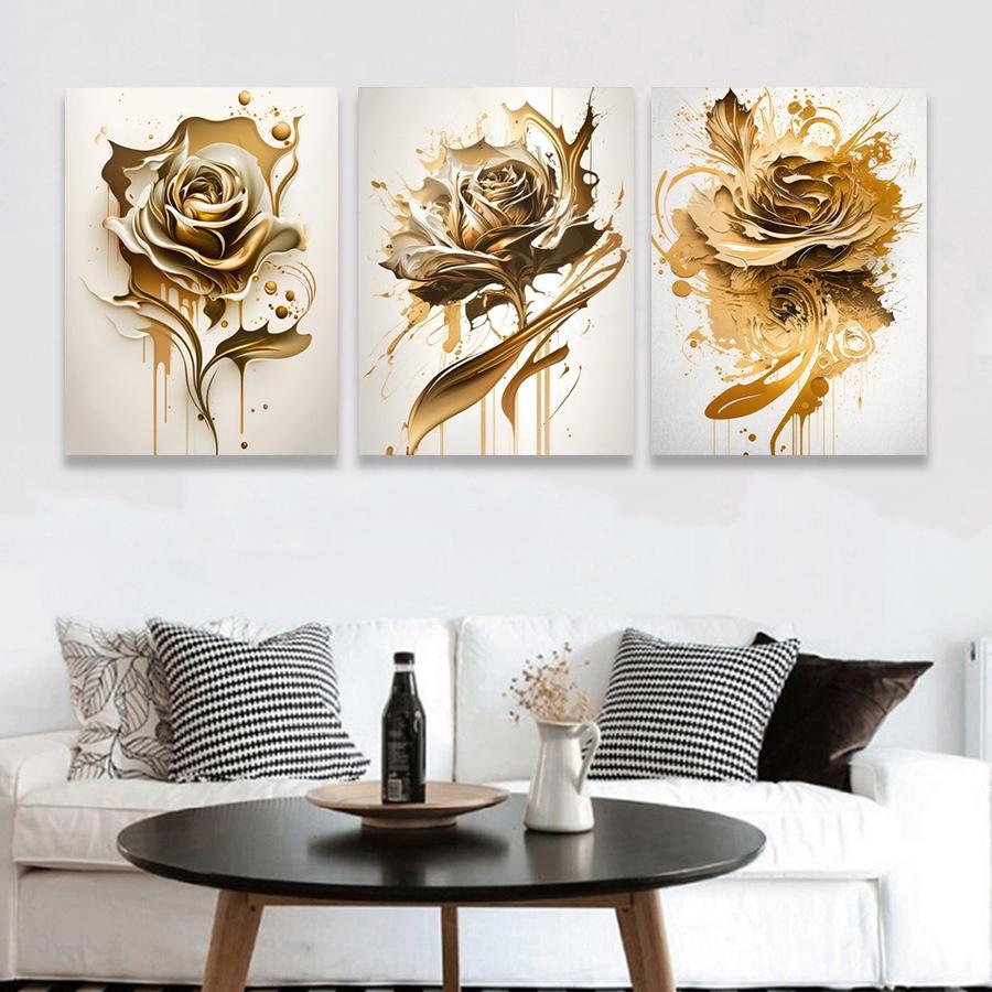 Golden Floral Art Posters, Gold Rose Wall Arts, Abstract Flowers Prints, for Living Room, Office,Wall Decor, No Frame