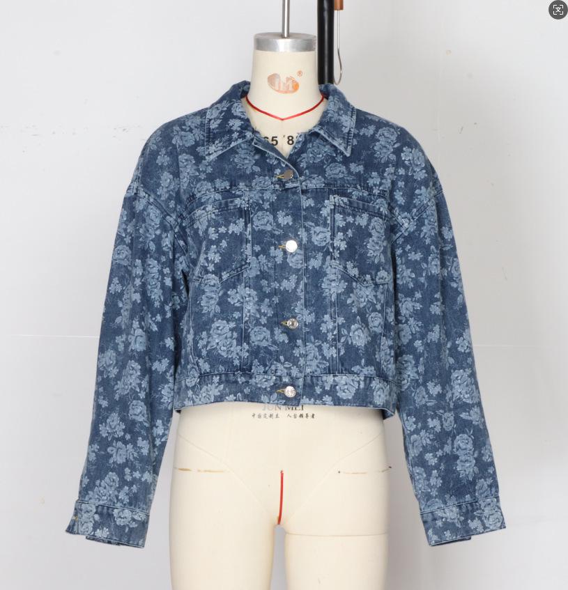 Dámská džínová bunda s květinovým potiskem - Evropská & Americká Jarní/Podzimní Ležérní Jednobarevná