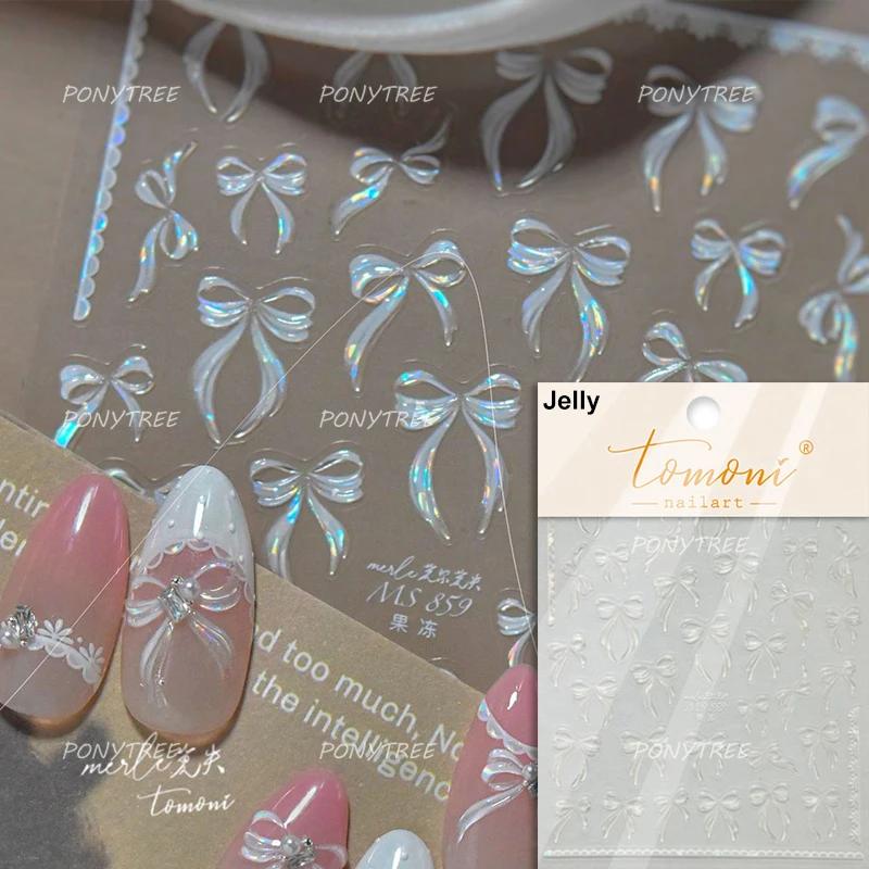 Shiny Polarized White Ribbon Bowknot Stars Tassel 3D Self Adhesive Nail Art Stickers Lovely Bow 5D Embossed Manicure Decals