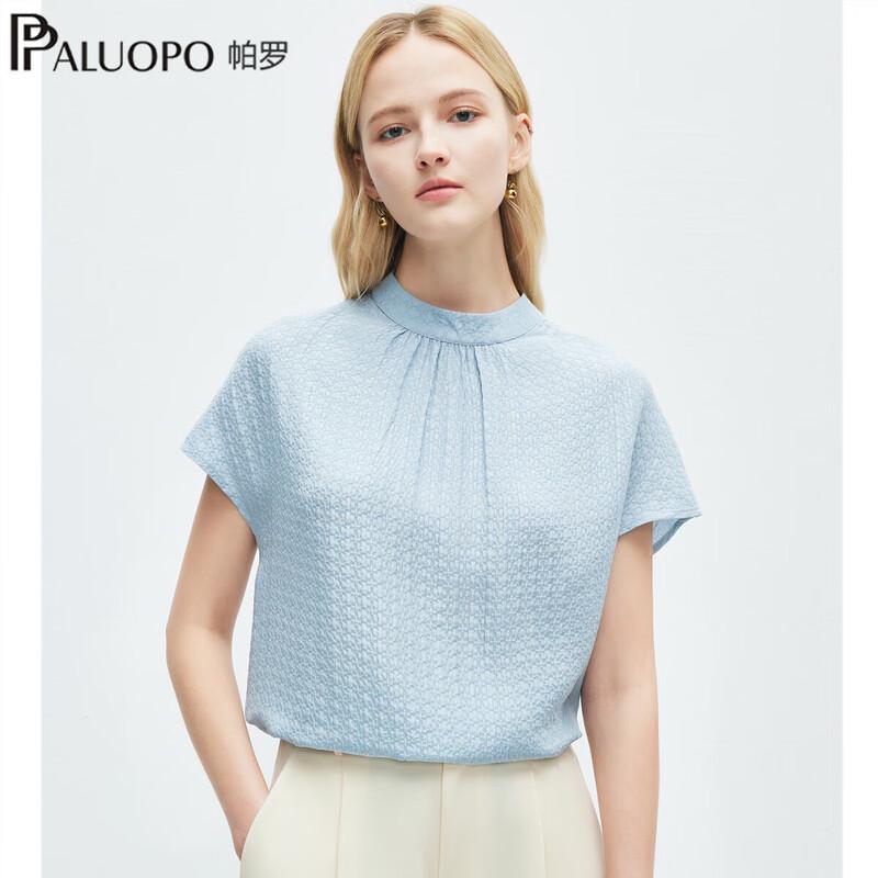 PALUOPO Women s Jacquard Silk Semi-High Neck Short Sleeve Top L 165/88A