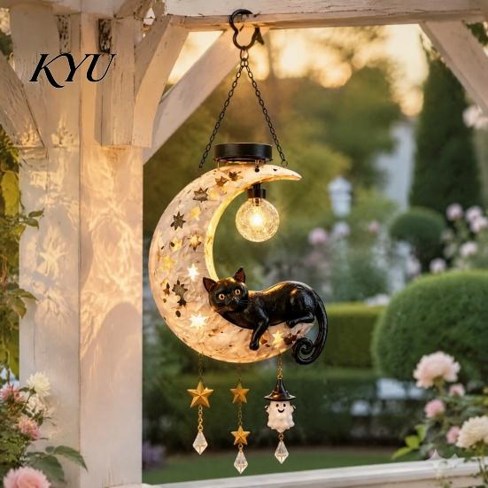 Crescent Moon Owl Solar Lanterns Owl/Cat Hanging Light, Outdoor Garden Wind Chime with LED Warm Atmosphere Lamps Waterproof Resin Decorative