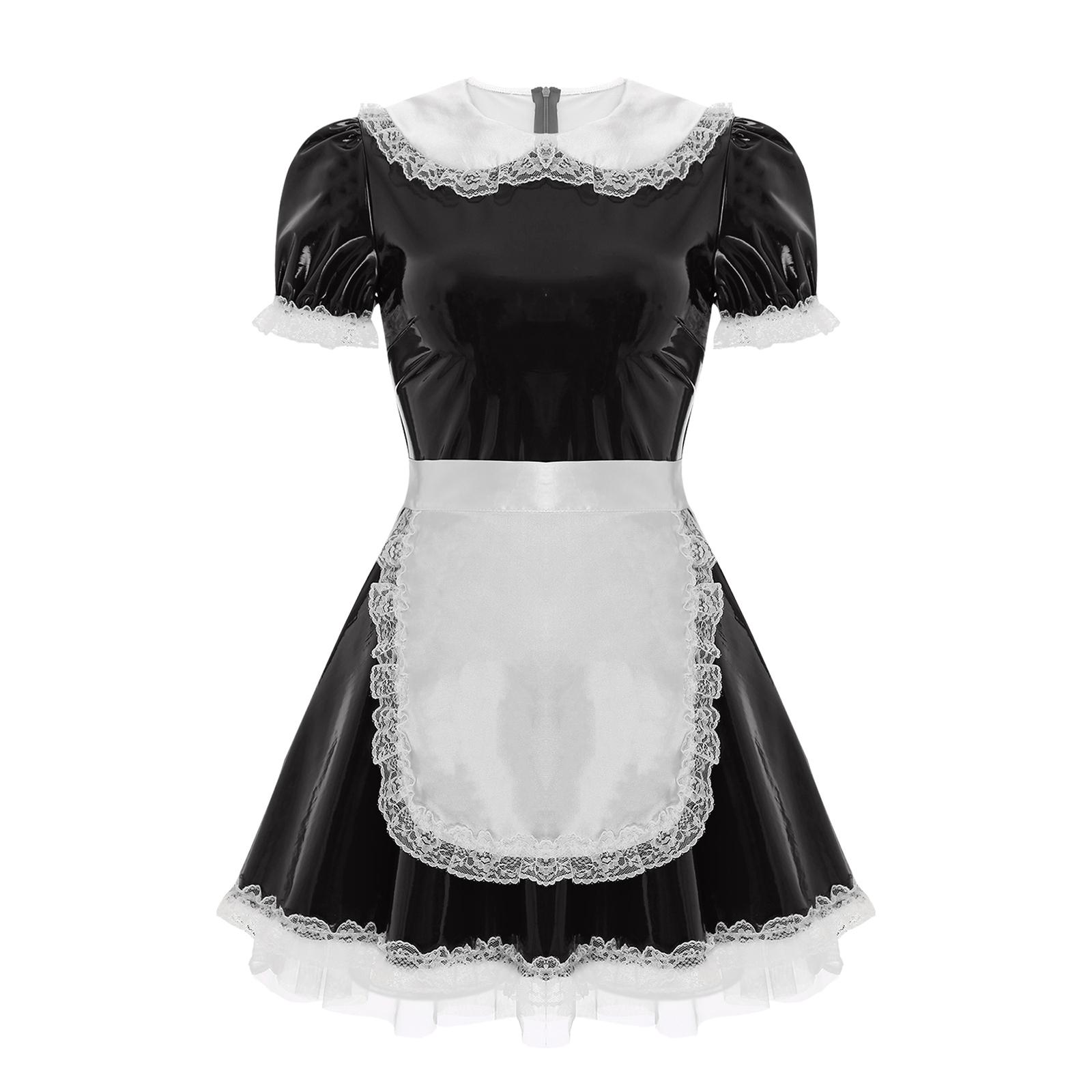 

Women s Wet Look Leather French Maid Cosplay Costume Puff Sleeve Party Mini Dress S