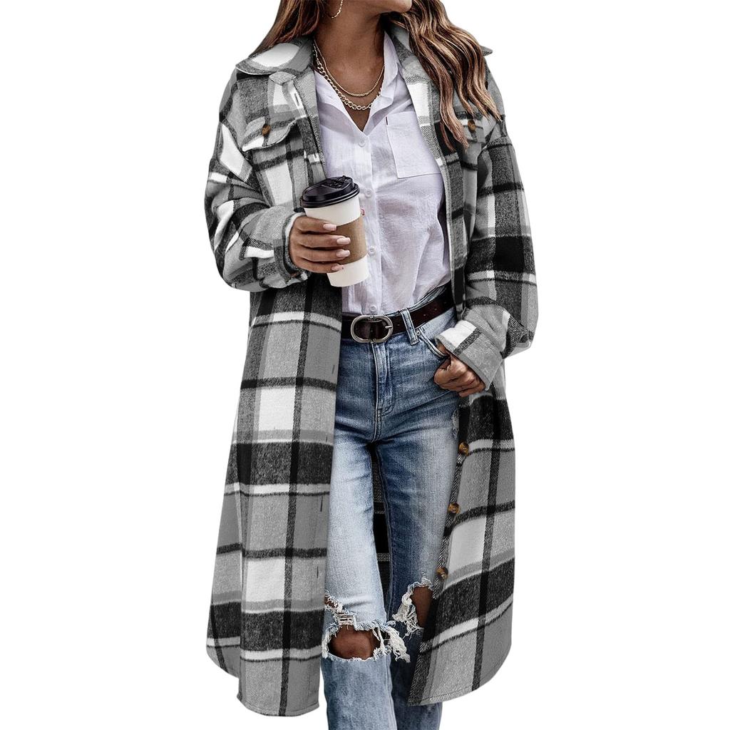 Women's Fashionable Oversized Long-Sleeve Collared Plaid Trench Coat With Patch Pockets