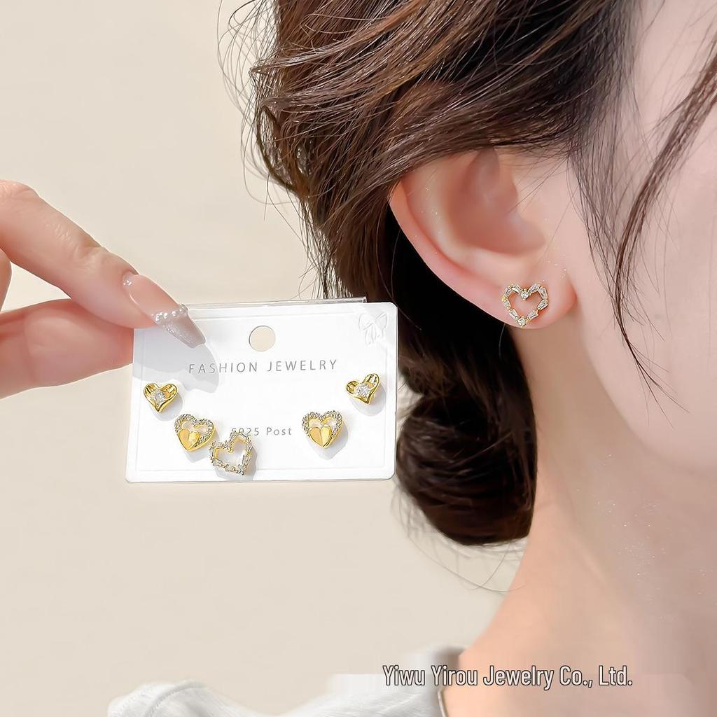 S925 Silver Heart Earrings Set: Elegant, Fashionable, Micro-Paved Studs for Women