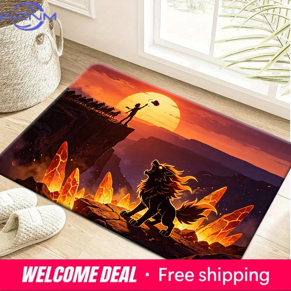 Ash Ketchum and Flaming Lion Pokemon Sunset Print Non-Slip Doormat Soft Floor Mat 40x60cm