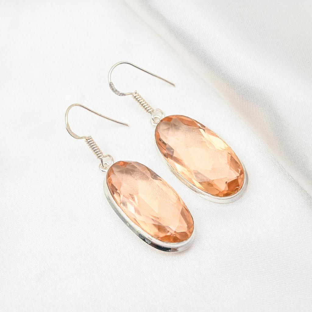 Morganite Earrings, Handmade Gemstone 925 Solid Sterling Silver Earrings Antique Jewelry, For Engagement Gift