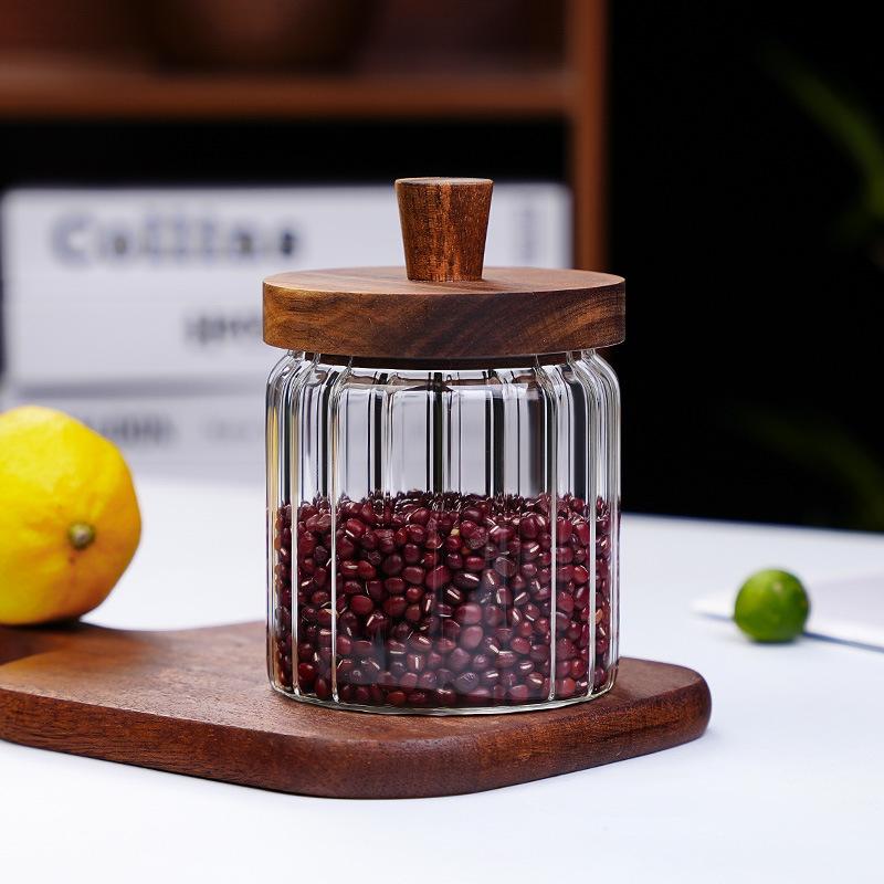 New household thickened honey storage tank with stirring stick Acacia wood cover transparent glass food sealed jar