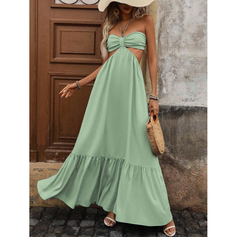 European Summer New Sexy Neck Sling Backless Pleated Chest Vacation Style Dress