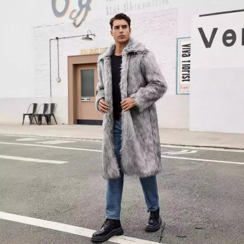 Herren Grau Kunstpelz Trenchcoat Revers Mittellang Warmer Wintermantel