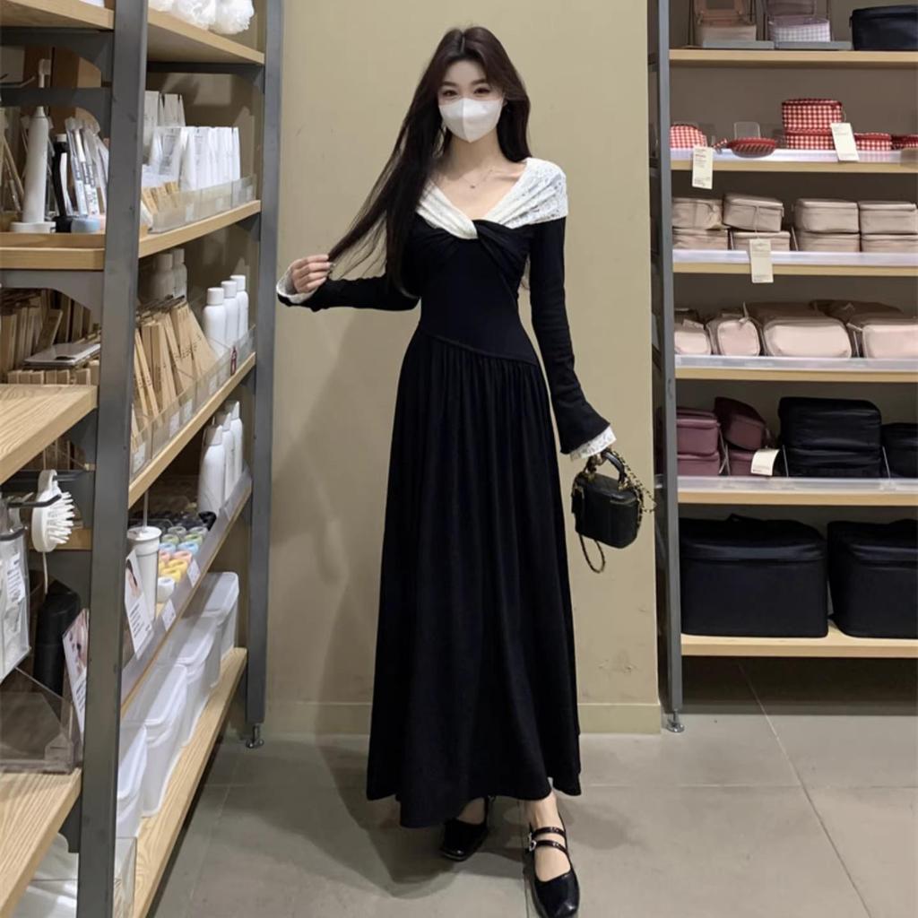French Style Lace V-Neck Knot Dress: Contrasting Colors, Two-Wear A-Line Skirt for a Chic Autumn/Winter Look