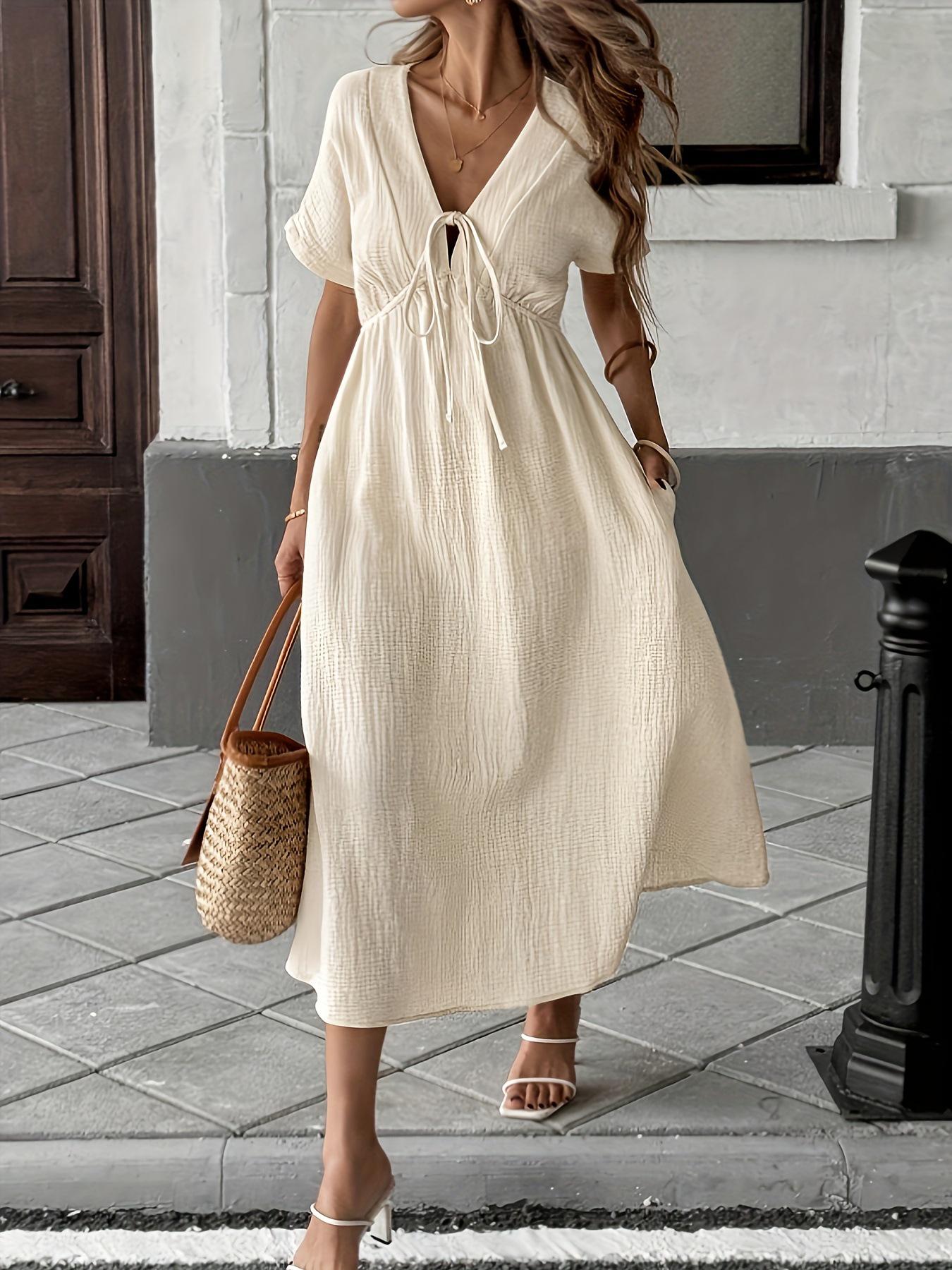 Bohemian Lace-up Deep V-neck Dress for Women XXL светло-желтого