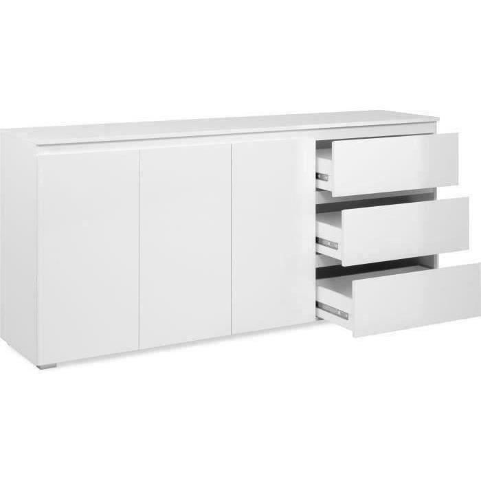 Buffet Capetown - Décor blanc brillant - Panneaux de particules - 3 portes - 3 étagères - 3 tiroirs - 179 x 80,5 x 40 cm