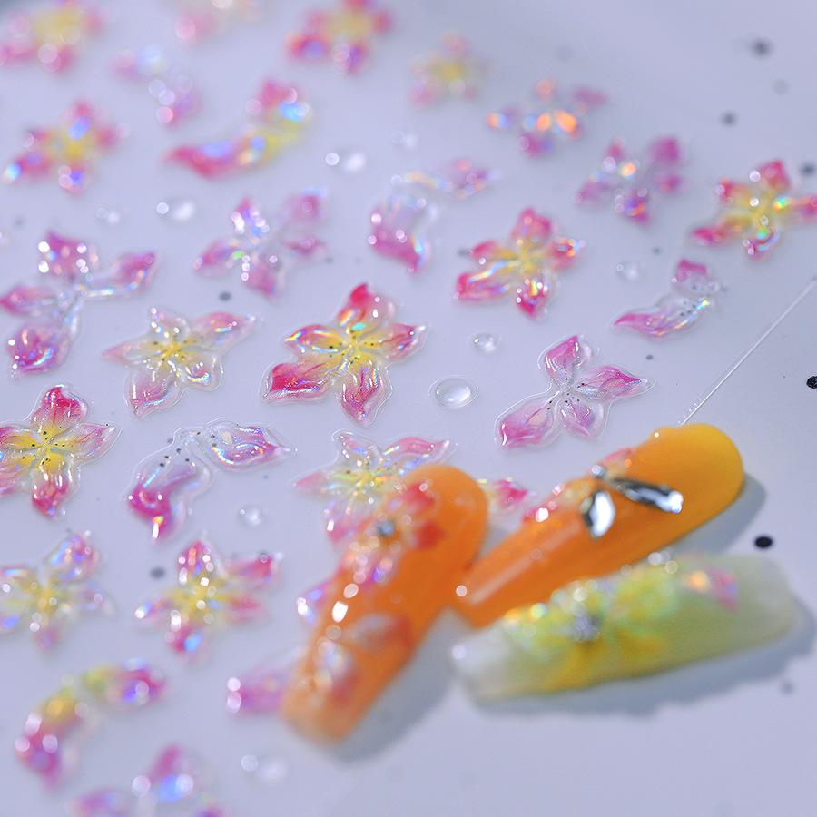 Yellow Green Pink Gradient Polarized Lilies Semi Translucent Jelly 3D Self Adhesive Nail Art Stickers Flowers Manicure Decals