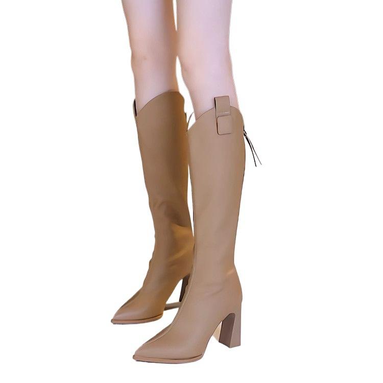 Markenschuhe braun aber kniehohe Stiefel mit Absatz Damen 2025 Herbst und Winter spitz zulaufender dicker Absatz Reißverschluss hinten Mode lange Schaftstiefel