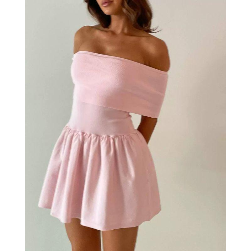 Elsa Fashion Style Spring and Summer Ins New Arrival Knitting off-Neck Sexy Sweet Pettiskirt Short Sexy Dress