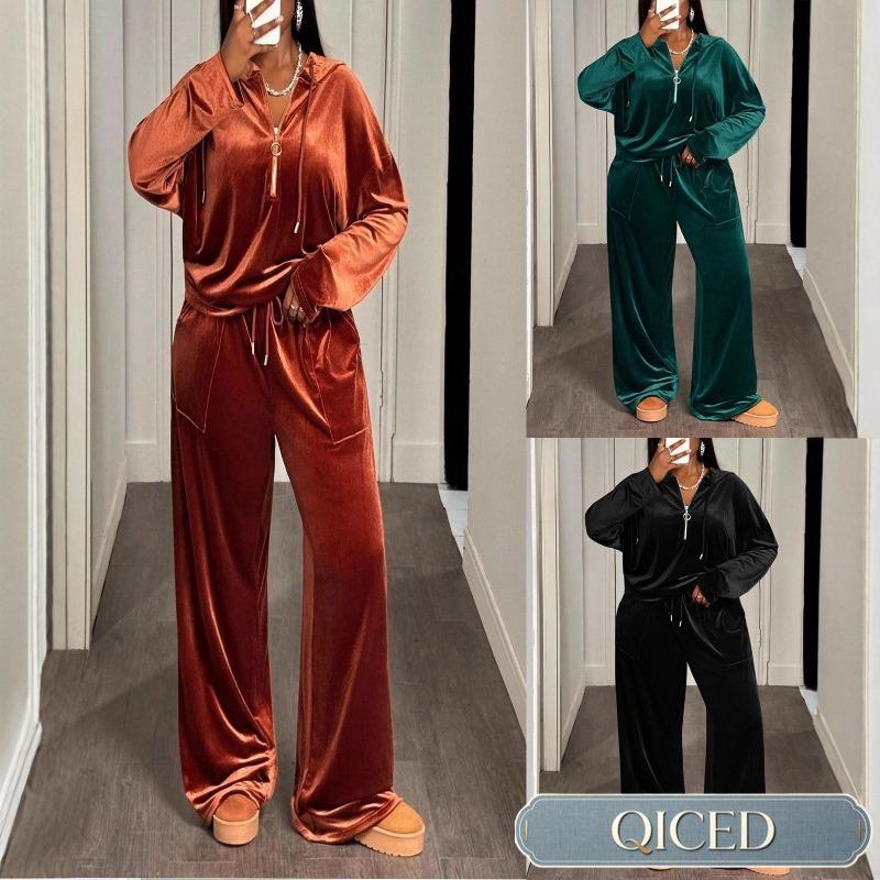 QICED Women's Long Sleeve Hooded Neck Fashion Casual Pants Suits Casual Chic