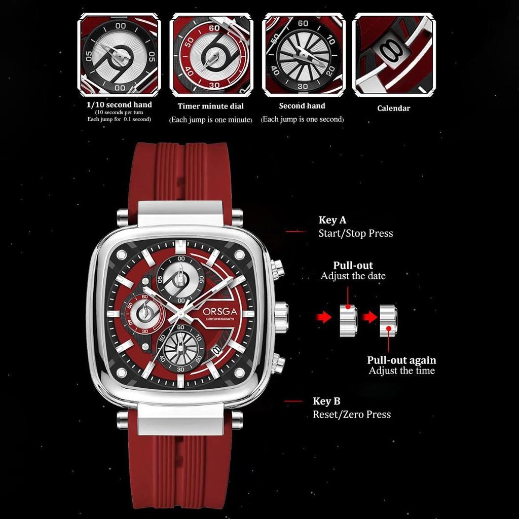 Mens Square Chronograph Watches Waterproof Luminous Quartz Wrist Watch with Silicone Strap