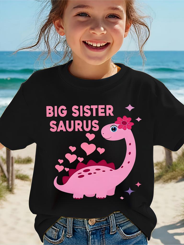 Big Sister Saurus Kids T Shirt Cute Pink Heart Flower Print Short Sleeve Tees Girls Soft Cotton Casual Top Beach Daily Wear Gift