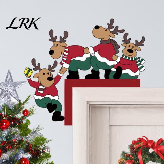 Winter Holiday Room Decor Christmas Door Corner with Snowman/Elk Designs, Wooden Hanging Ornaments Frame Ornament, Decorative Topper Home Festive Elk