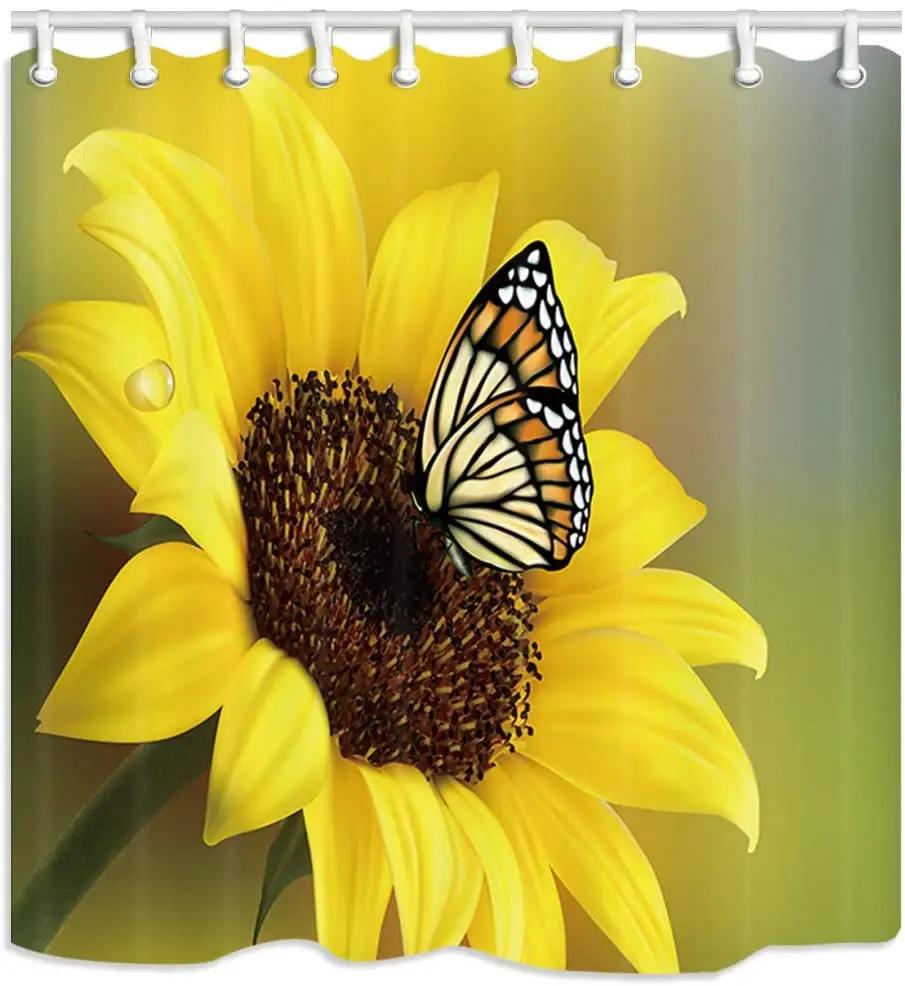 Rustic Sunflowers Shower Curtain Butterfly Country Floral Polyester Fabric Bathroom Decor Bath Curtains Accessories With Hooks