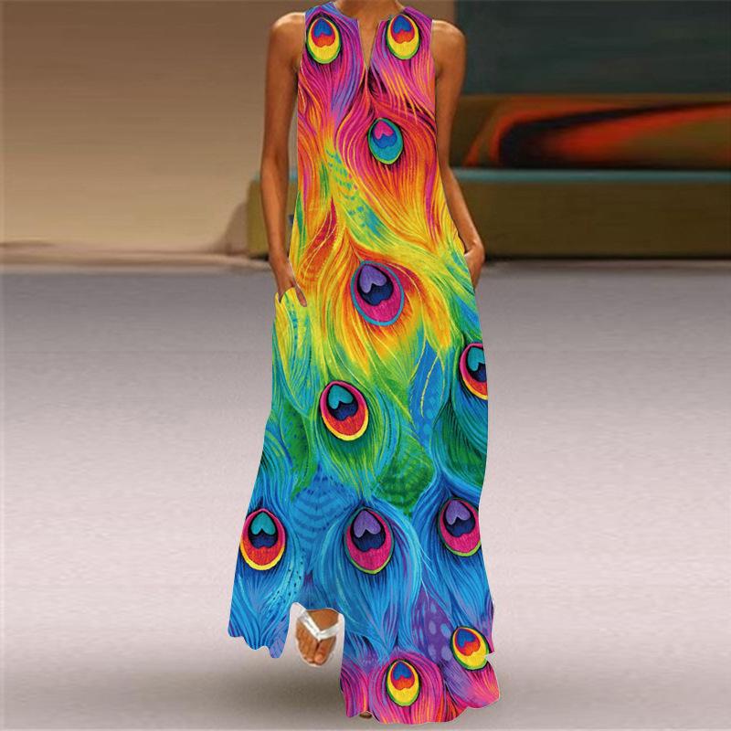 Robes imprimées pour femmes, style Boho, sans manches, col en v, longue, décontractée, ample, plage, fête, Maxi, été