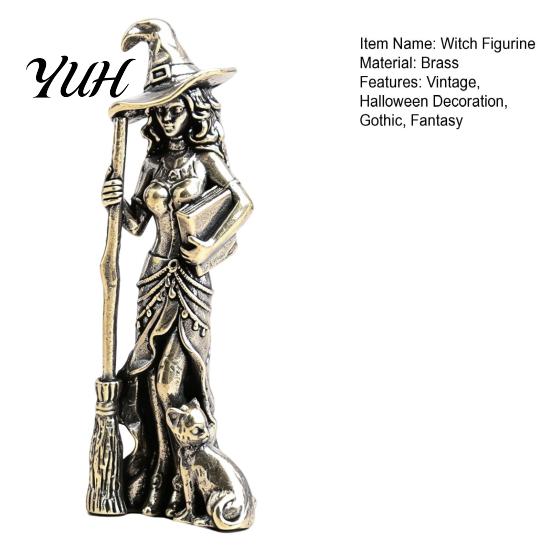 Artistic Copper Figurine Brass Witch Statue with Cat, Vintage Metal Figurine, Collectible Fantasy Gothic Tabletop Decoration Halloween Desk
