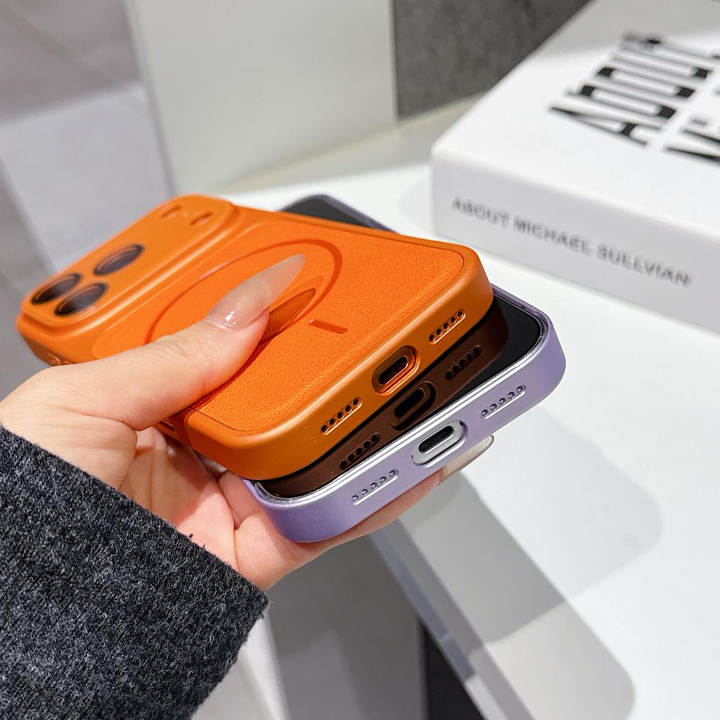 Matte Leder Magnetische Kabellose Lade Handyhülle Für iPhone 13 14 15 16 17 Pro Max Glaslinse Großes Fenster Schutzhülle