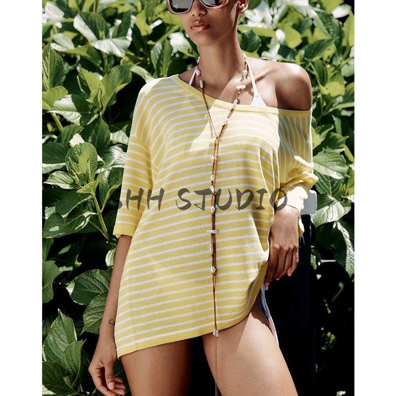 Summer New Women Clothes French Style Preppy Short Sleeve V-neck Knitted Stripes Loose and Comfortable Top 1509011