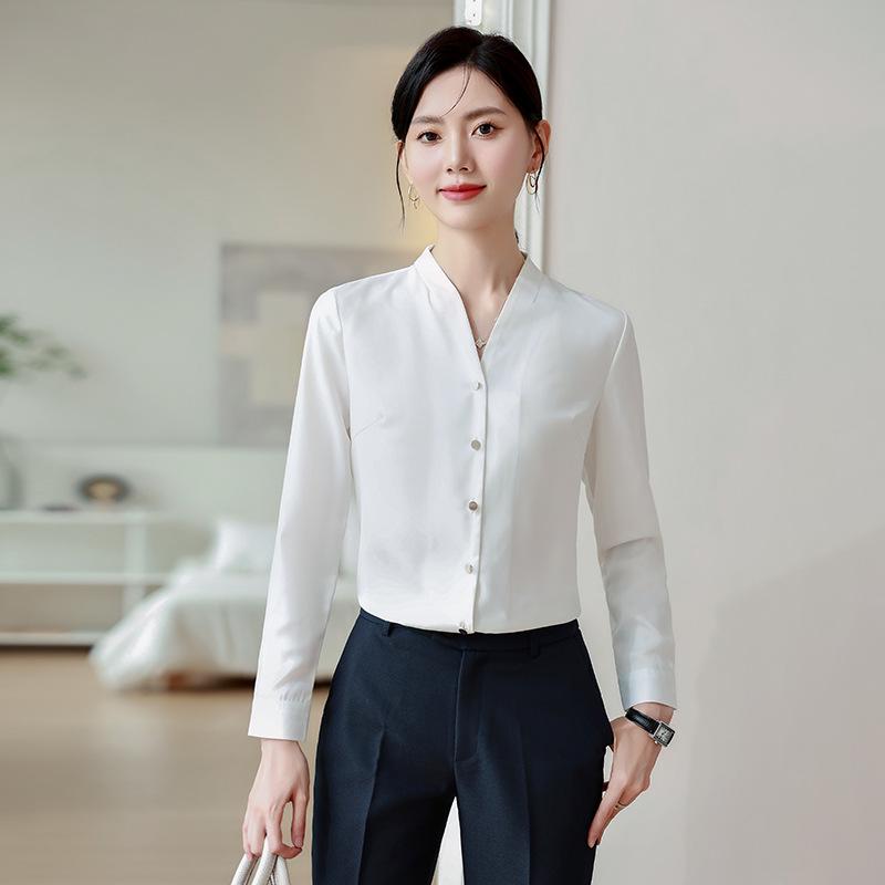Women's Retro Hong Kong V-Neck Chiffon Shirt - Long Sleeve, Loose Fit, Stylish Workwear for Spring/Autumn