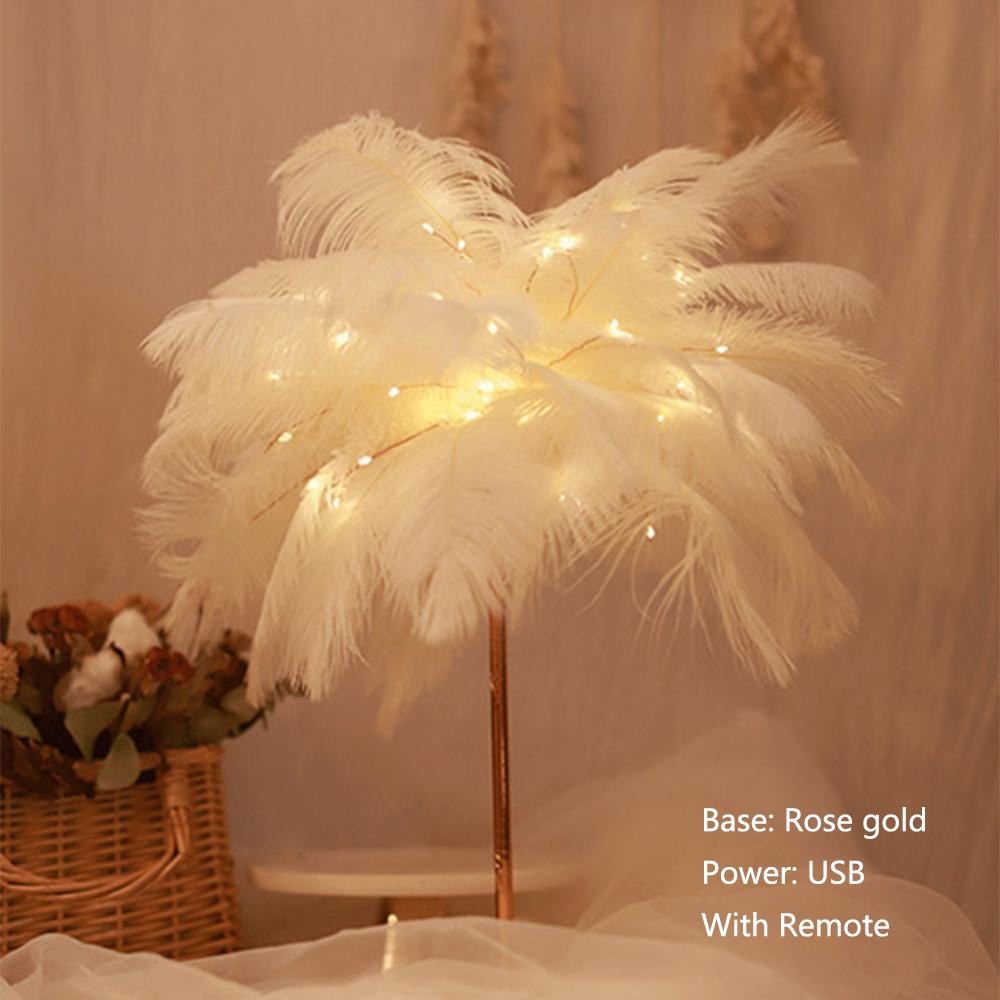 Creative DIY Feather Table Lamp Remote Control USB/AA Battery Power Warm Light Tree Feather Lampshade Wedding Home Bedroom Decor