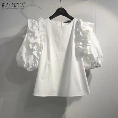 Blusa feminina de manga curta com decote redondo e linha A