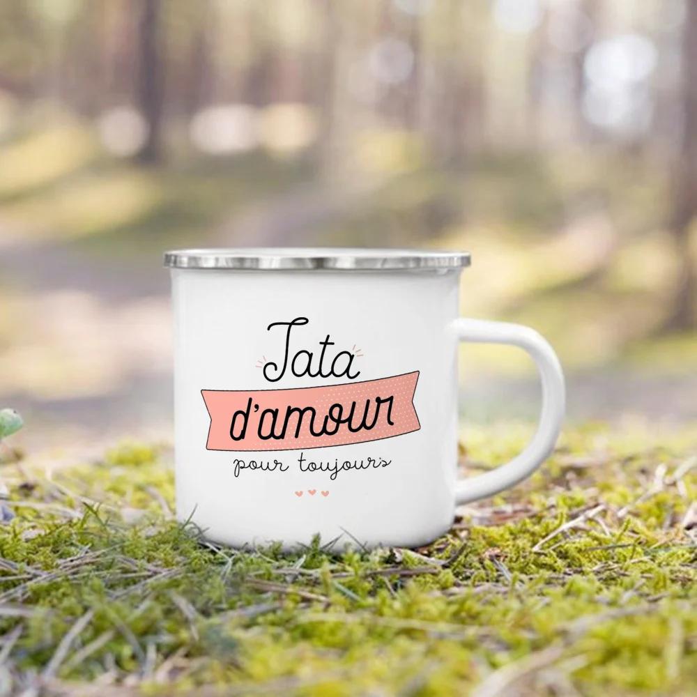 Französischer Druck Emaillebecher Kreative Kaffeetassen Getränke Wasser Milchbecher Emaillebecher Heimgetränkegeschirr Geschenk für Oma Opa Tante Onkel