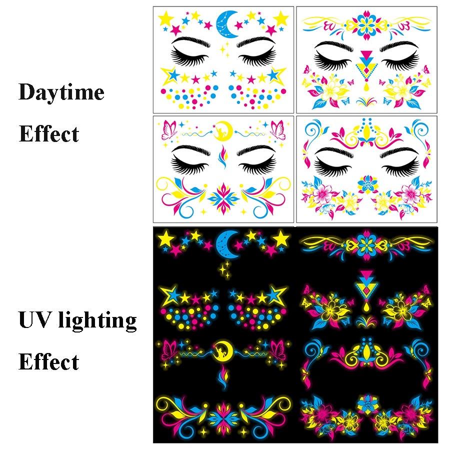 Face Tattoo Sticker Butterfly Temporary Tattoo Waterproof 4 Sheets UV Fluorescence Temporary For Women  High Quality