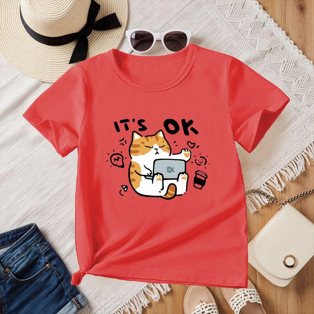 Cute Cat Print T-Shirt Casual Breathable Y2k Fit Summer Short Sleeve Round Neck Soft Comfortable Daily Basic Tops
