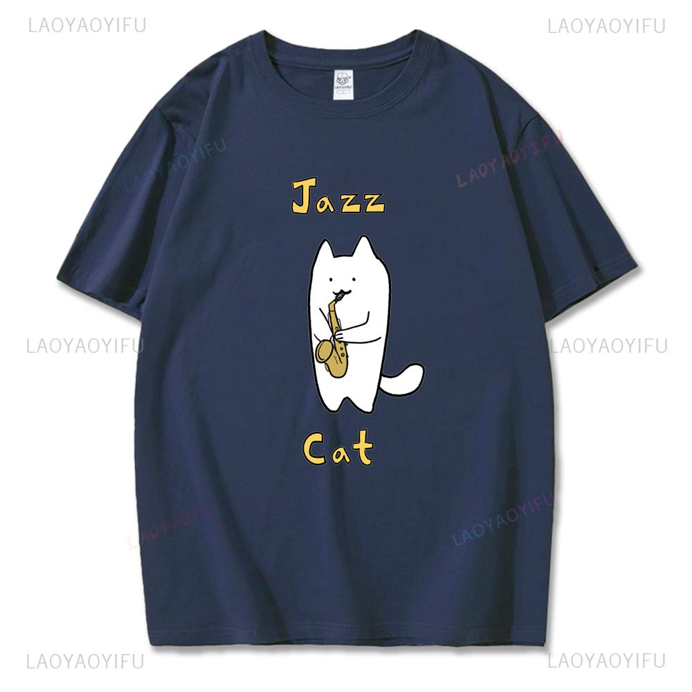 Cute Cat Plays Jazz Saxophone Graphic T Shirts Woman Man Vintage Fashion Casual Streetwear High Quality Cotton Tee Shirt Funny