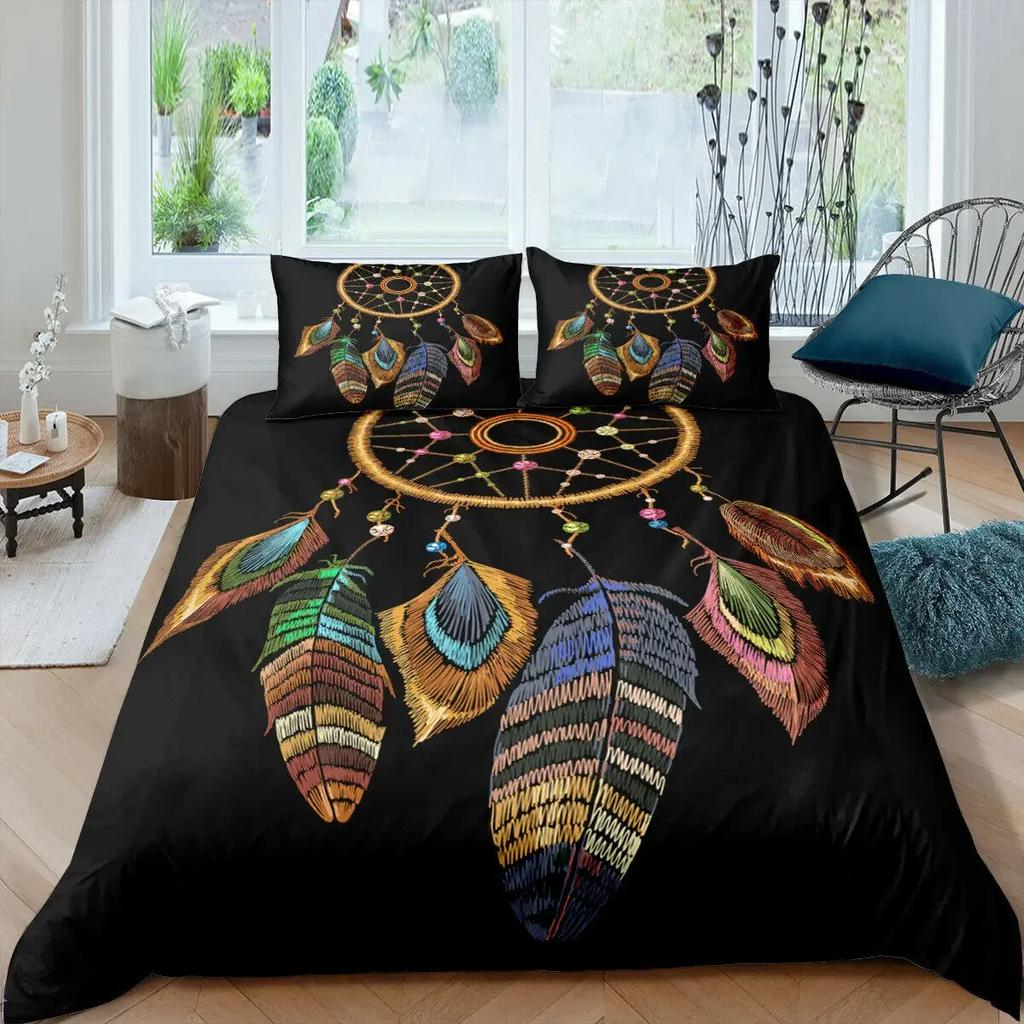 Traumfänger Bettbezug Mandala Böhmisch Feder Polyester Bettdeckenbezug Exotisch Ethnisch Tribal Hippie Full Twin Double Queen King