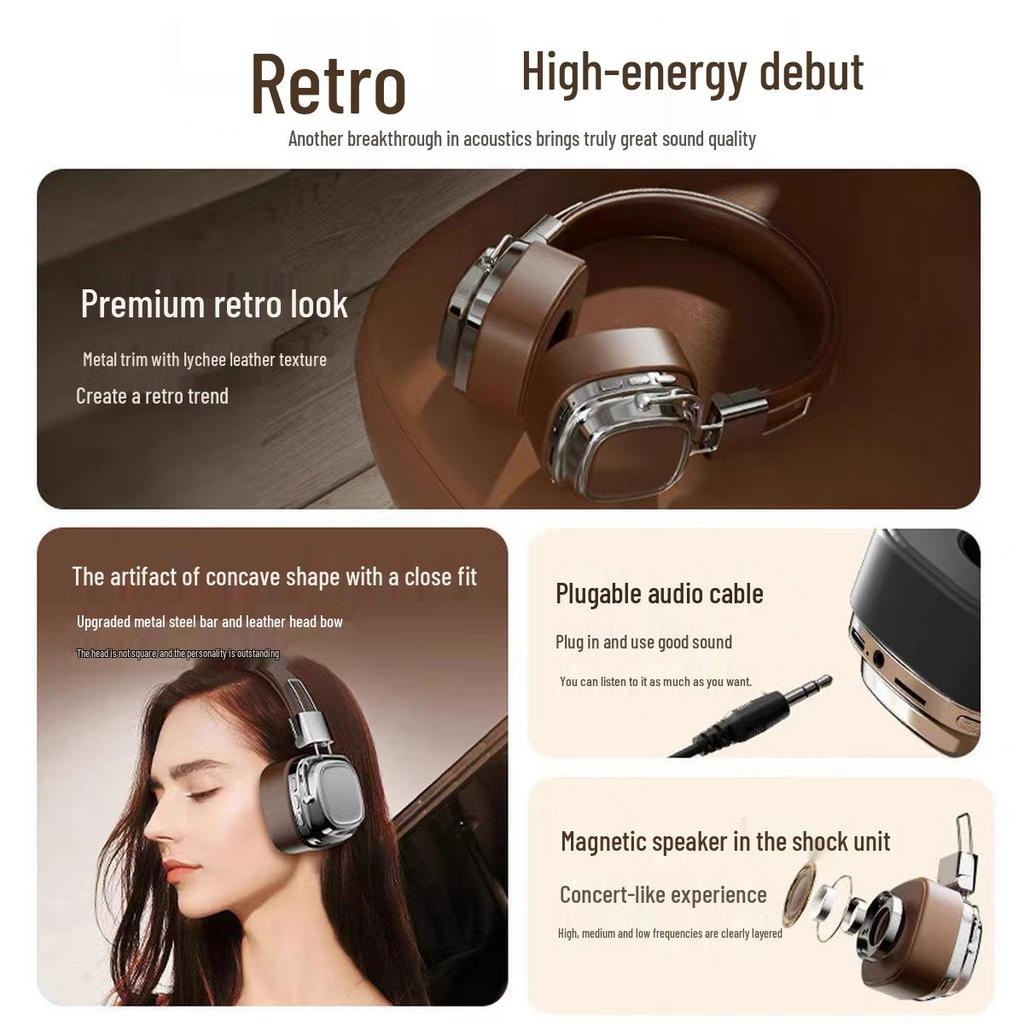 Retro Wireless Bluetooth Headband Earphones with Mini Card Slot, Heavy Bass, Noise Cancelling, and Gaming Support.