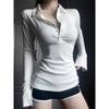 Women's Polo Collar Long Sleeve Blouse Slim Fit Sexy Y2K Top Solid Color Knit Flare Cuff Button Ruched Shirt