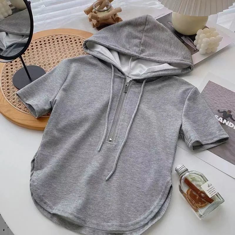 

Летняя Новинка Чистая и Похотливая Короткая Горячие Девушки Женская Одежда Однотонная Толстовка с Капюшоном на Шнурке на Молнии Белая Футболка с Коротким Рукавом Топ M серый