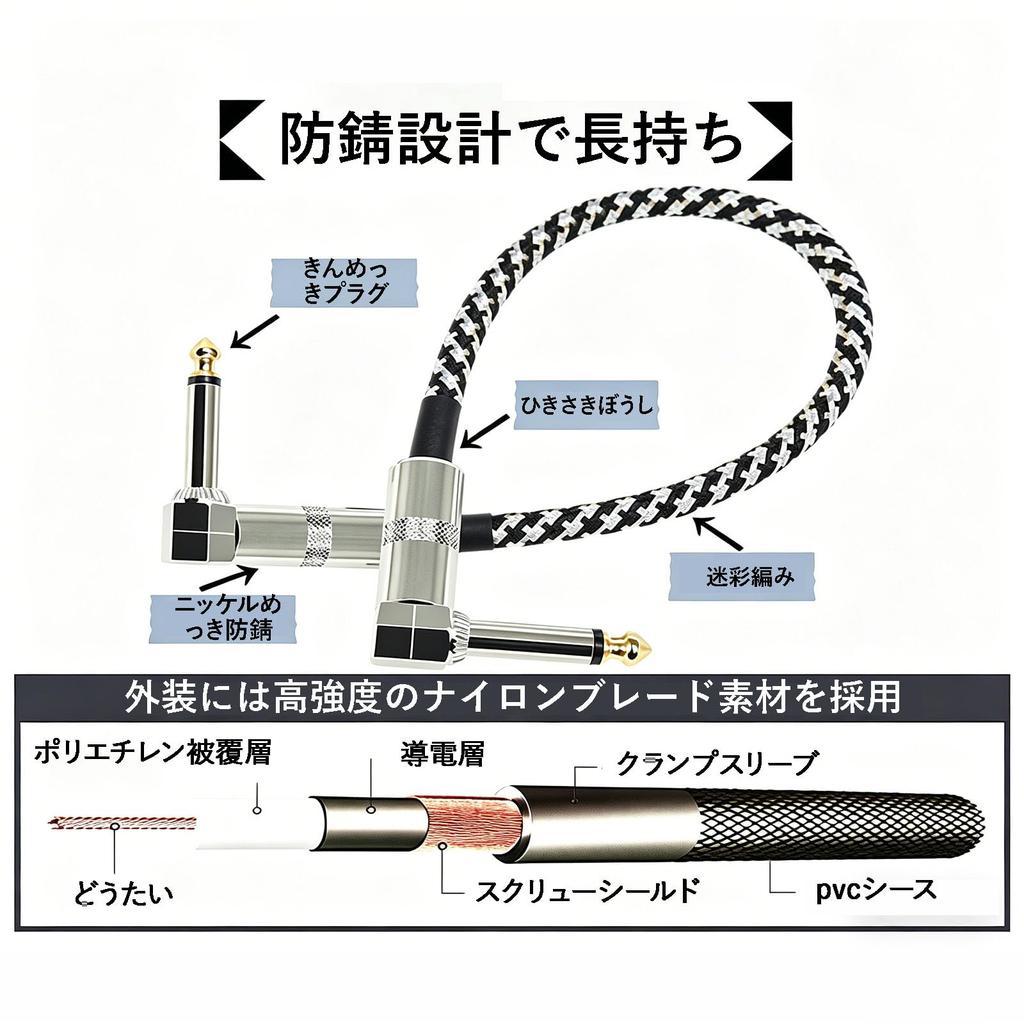 Guitar Shield Cable 15cm 30cm Rustproof Patch Cable for Effects Pedals Nylon Braided Copper Core Lossless Clear Sound Durable Electric Guitar Bass