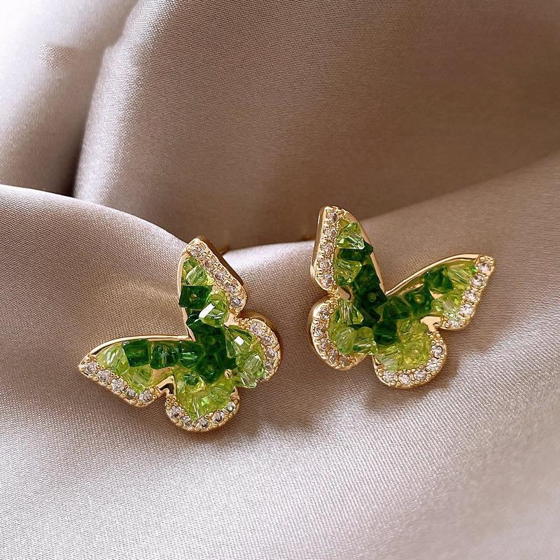 Mori gradual change green crystal butterfly earrings light luxury high-end stud earrings women's niche high-end diamond stud earrings jewelry