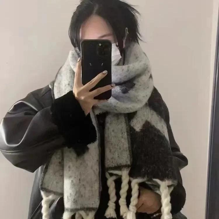 Thickened Grey Cashmere Scarf Women'S Winter Warm Neck Warmer Couple'S Shoulder Shawl Trendy Home Accessories