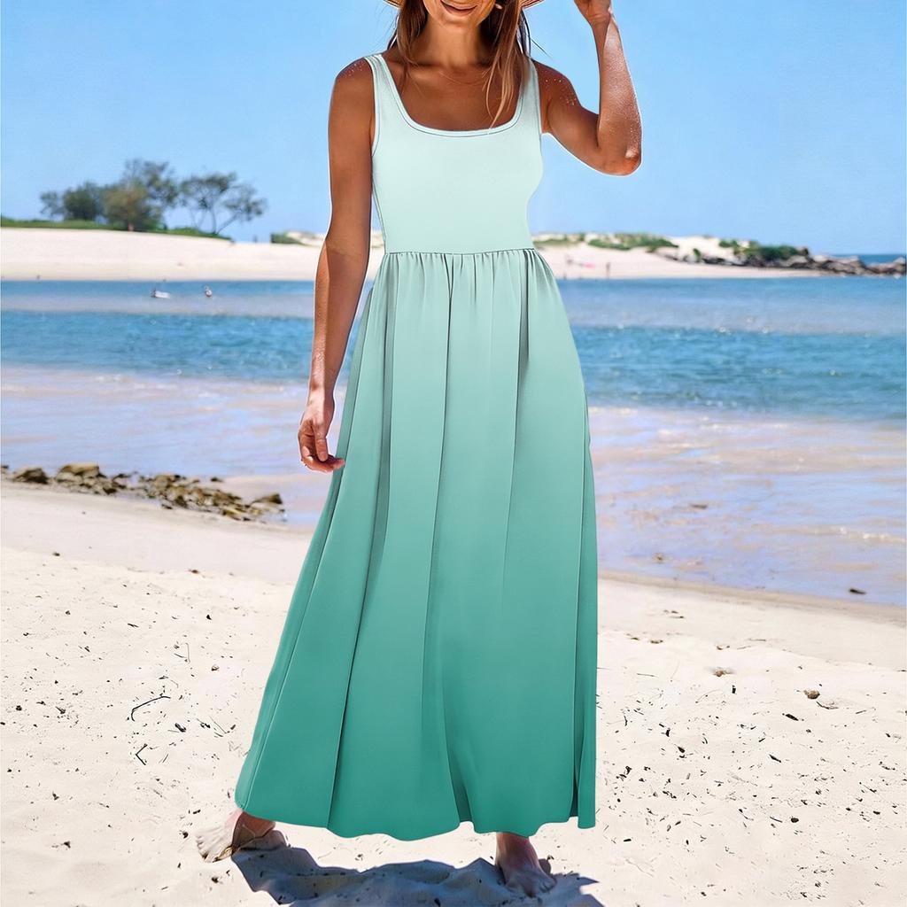 Women Sleeveless Maxi Dress Gradient Print Summer Casual Long Dress Lightweight Soft Fabric Comfortable Fit
